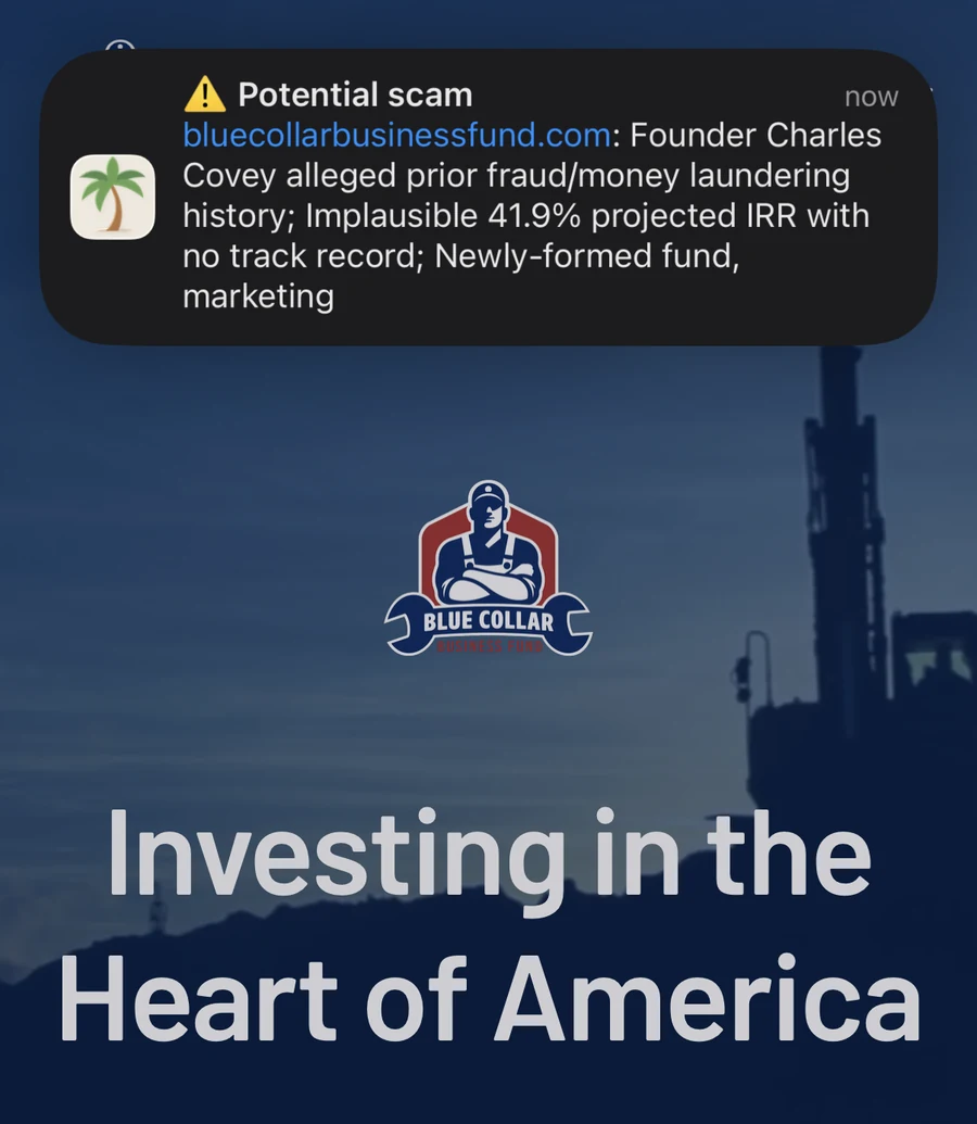 Mobile screenshot showing a Cabana warning on an investment fund website.