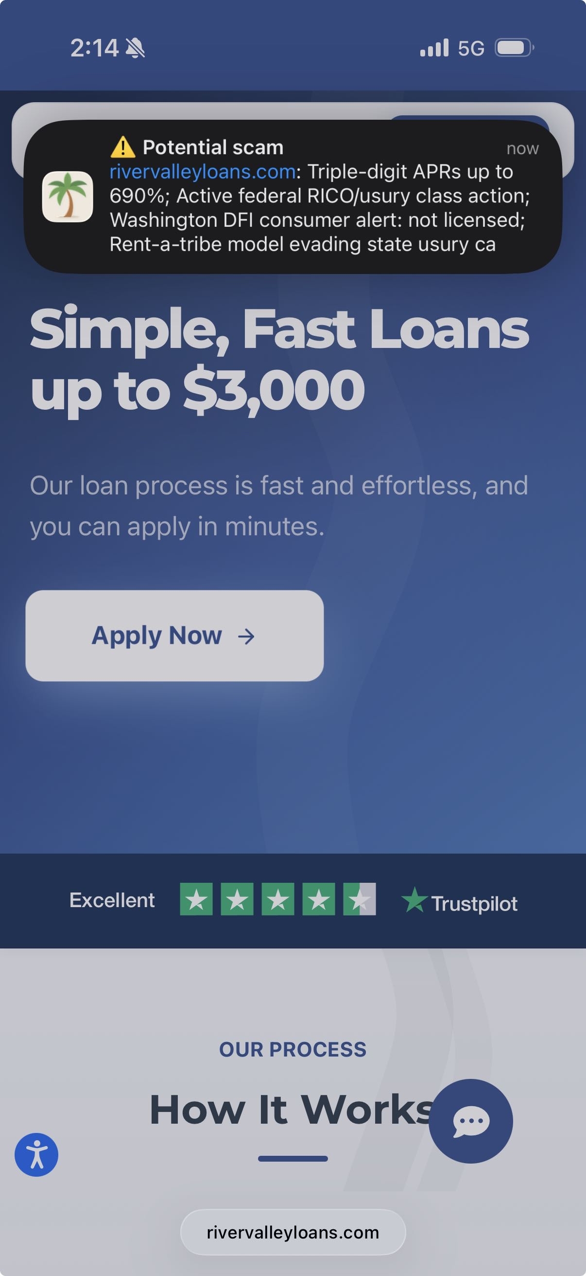 Cabana mobile alert warning about River Valley Loans